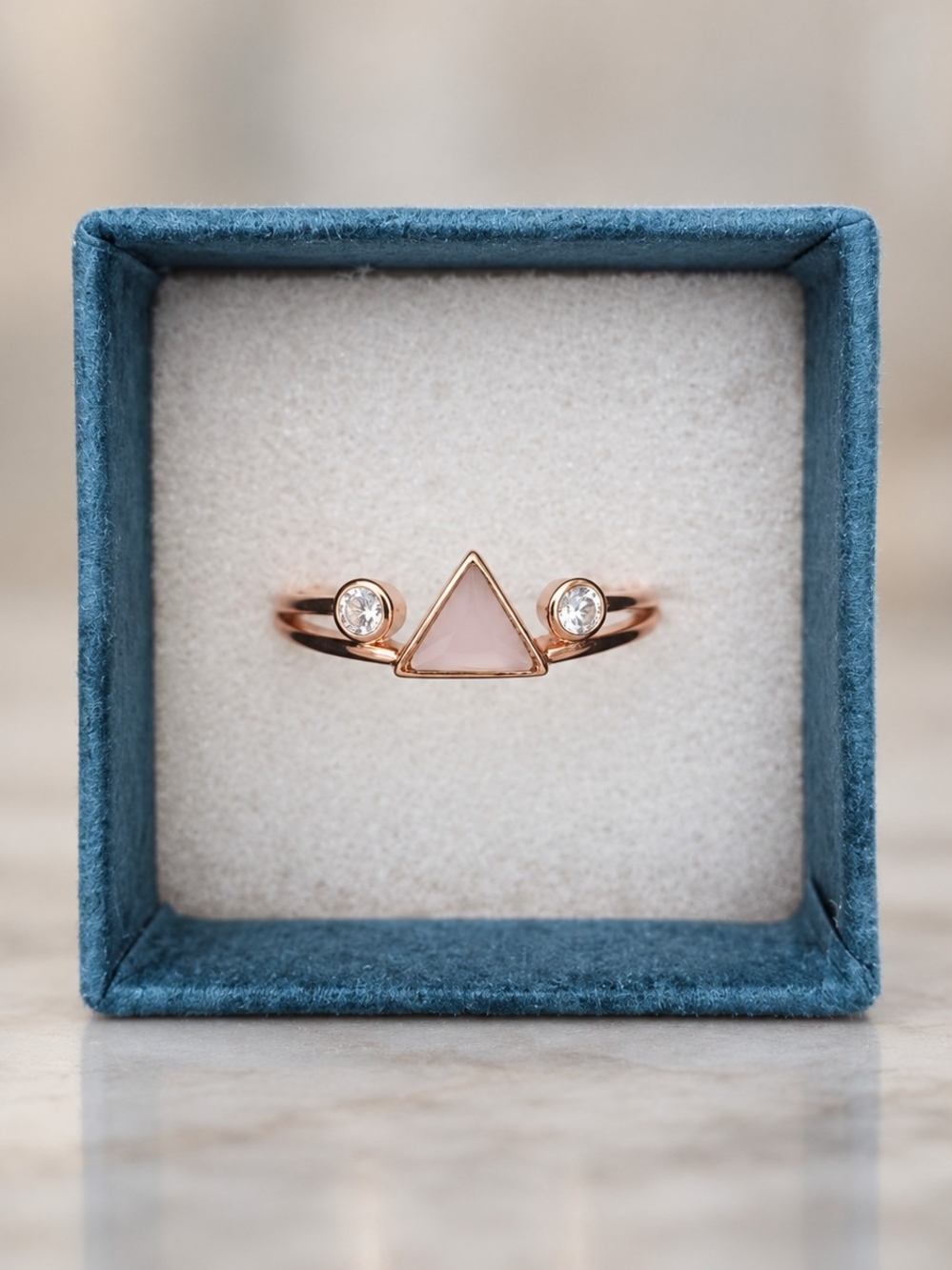 Size 7 Rose Gold Triangle Rose Quartz Ring with Clear Accents